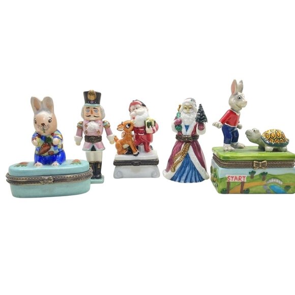 Lot of 5 Porcelain Trinket Boxes Figurines Bunny Nutcracker Santa Holiday Decor - Picture 1 of 10